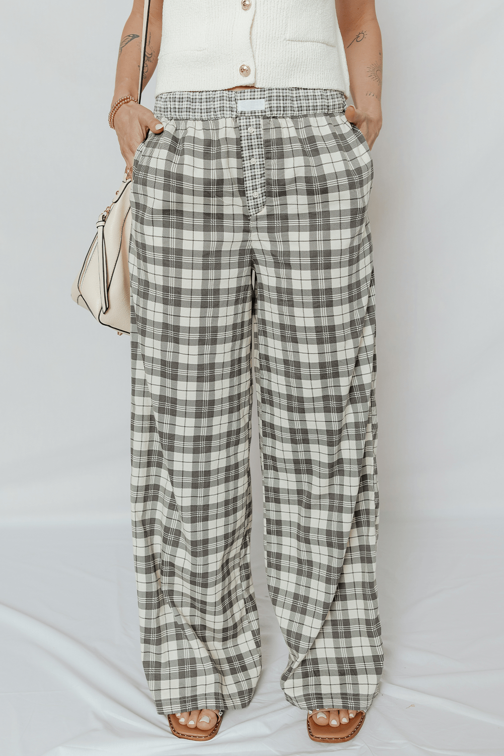 Plaid Patchwork Wide Leg Pants - Rooted & Reckless Co.