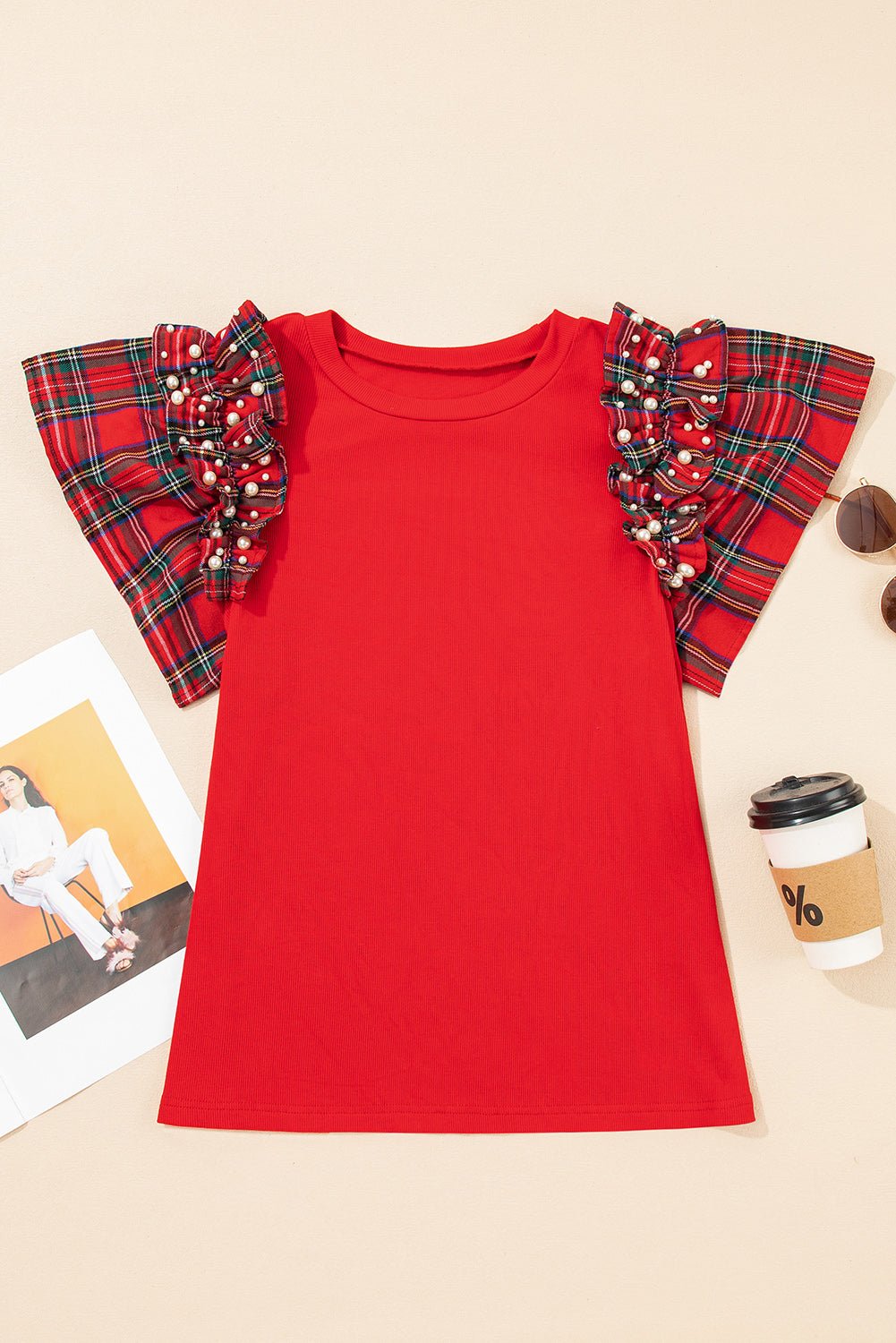 Plaid Pearl Ruffle Short Sleeve Loose T-Shirt - Rooted & Reckless Co.