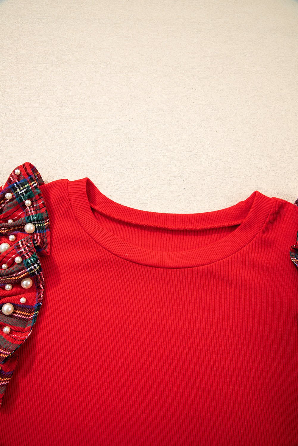 Plaid Pearl Ruffle Short Sleeve Loose T-Shirt - Rooted & Reckless Co.