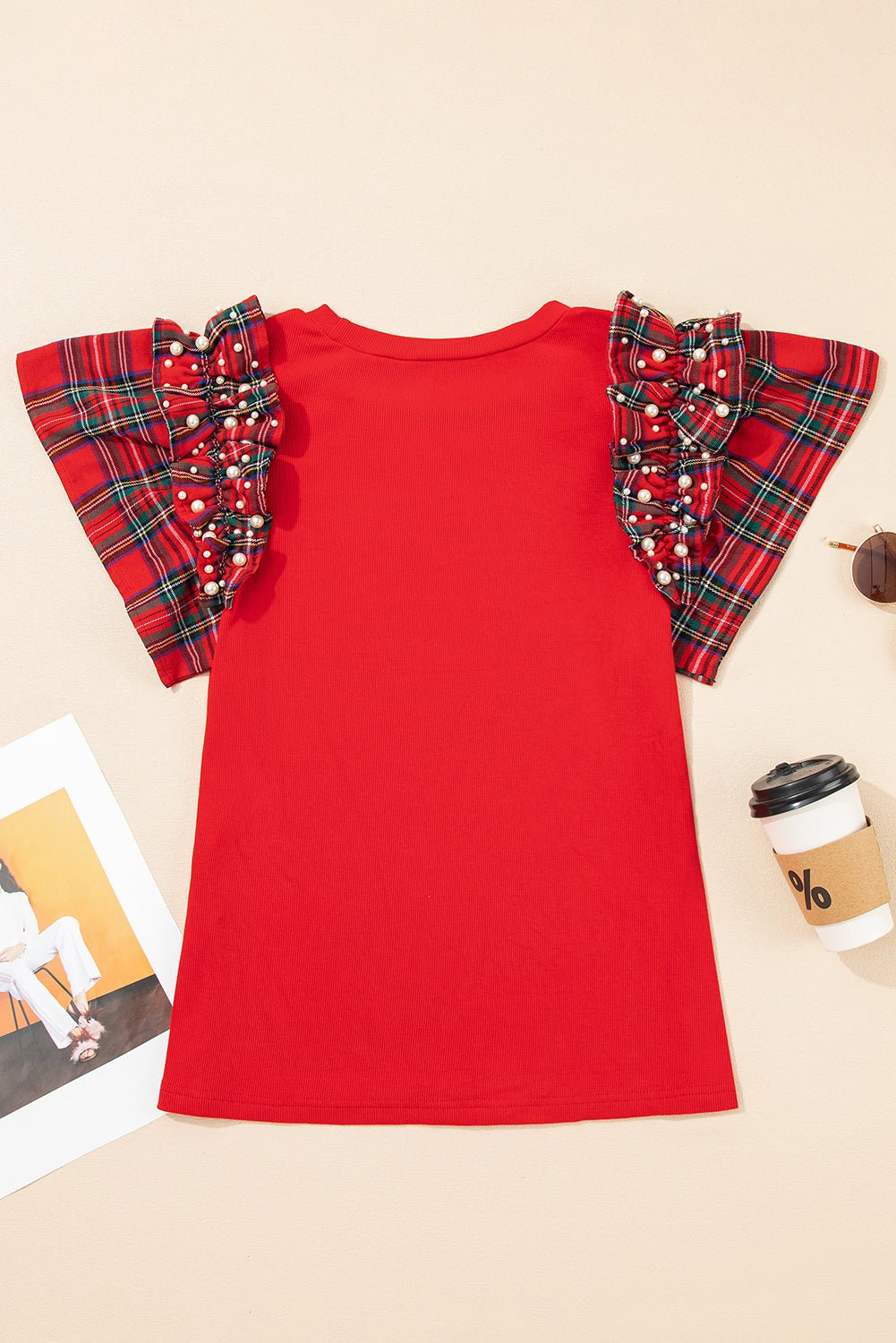 Plaid Pearl Ruffle Short Sleeve Loose T-Shirt - Rooted & Reckless Co.