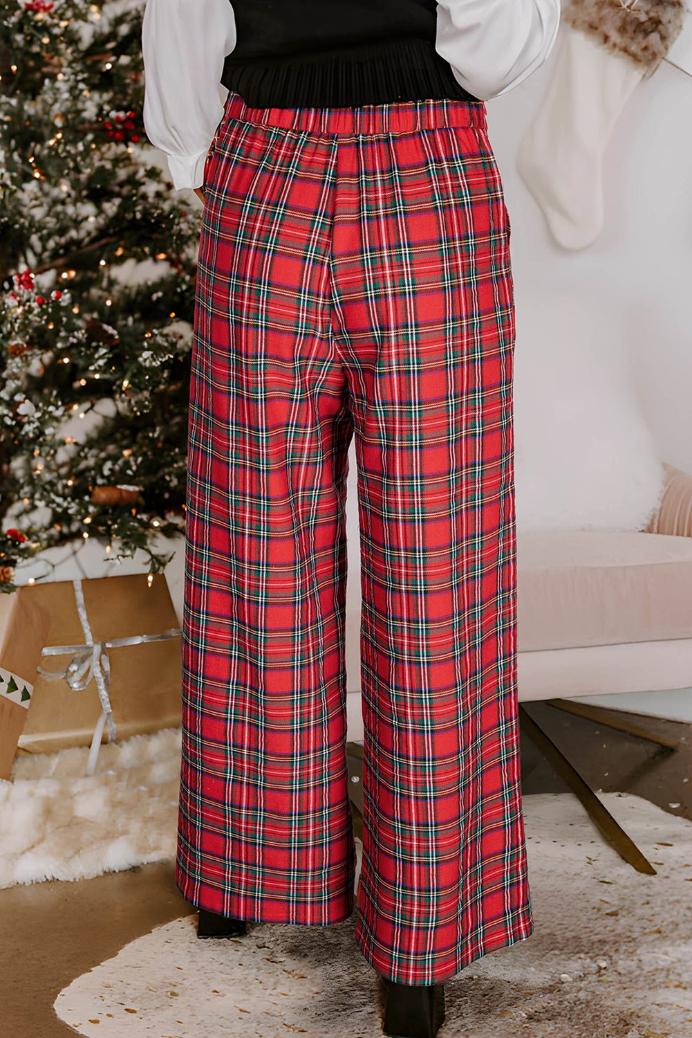 Plaid Pleated Elastic Waist Wide Leg Pants - Rooted & Reckless Co.