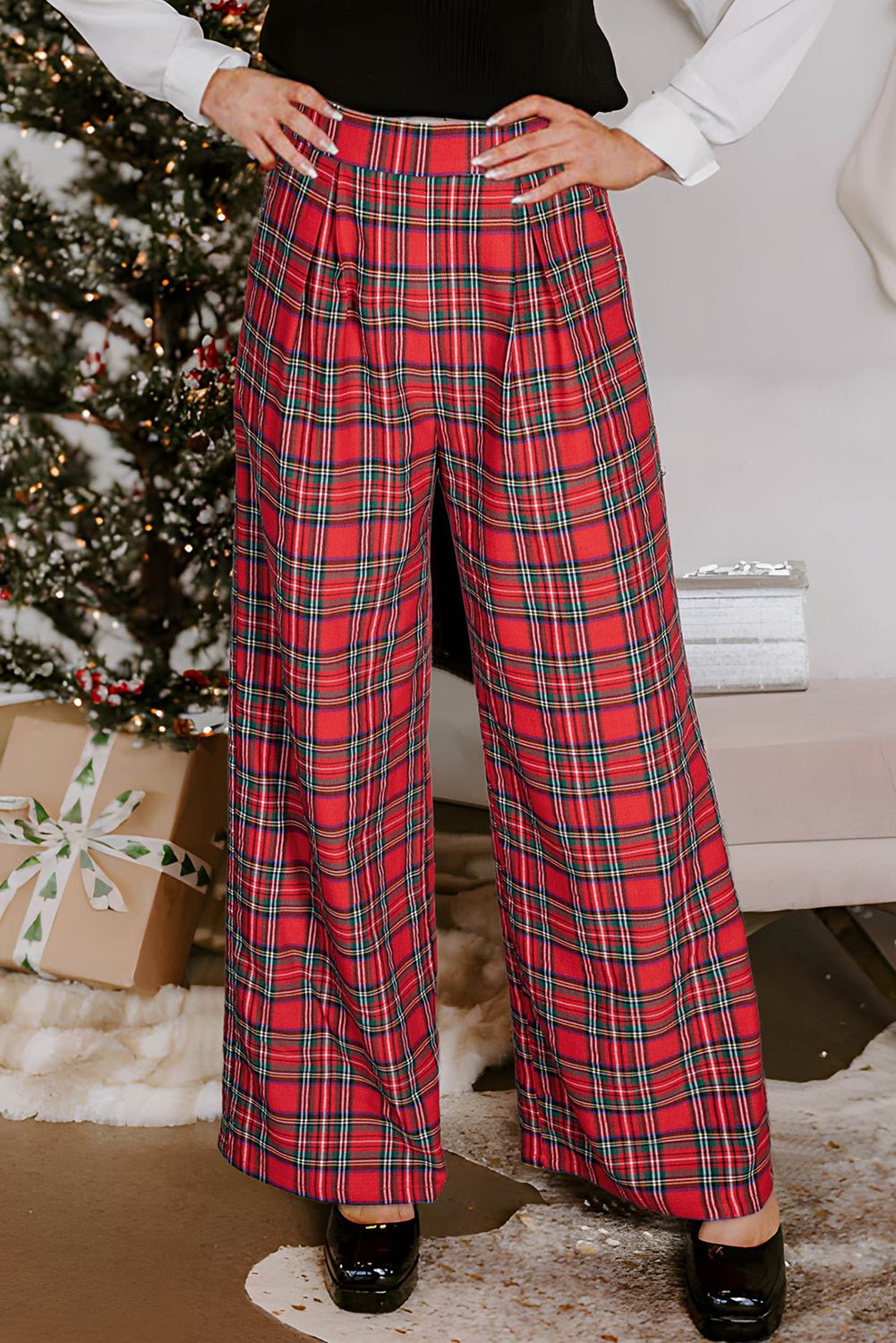 Plaid Pleated Elastic Waist Wide Leg Pants - Rooted & Reckless Co.