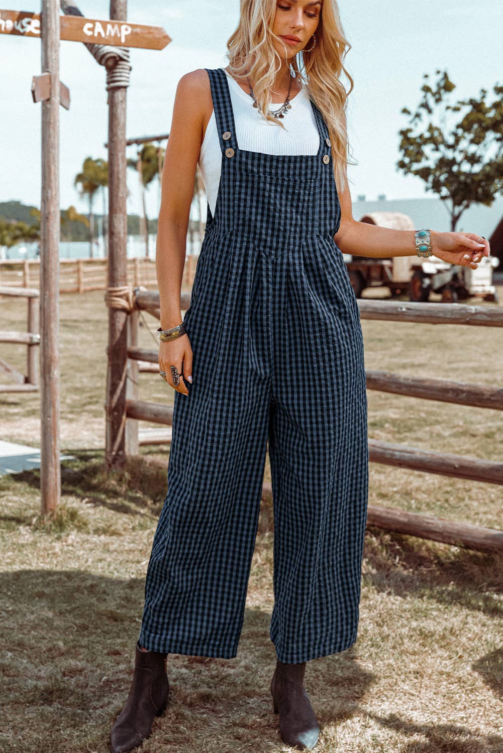 Plaid Print Buttoned Pocketed High Waist Overall - Rooted & Reckless Co.