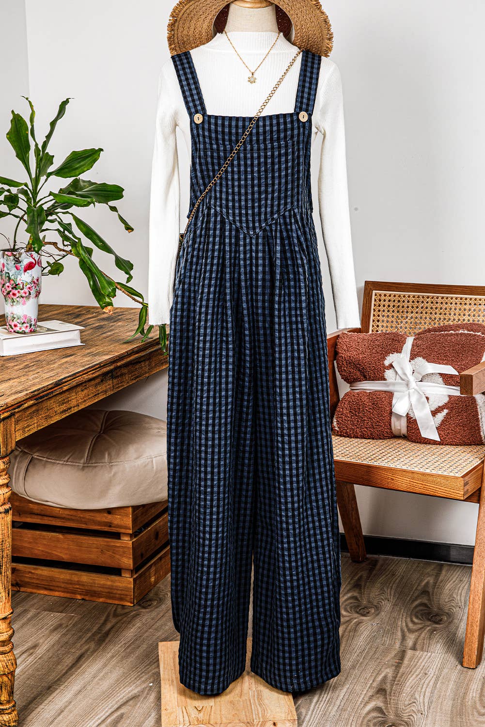 Plaid Print Buttoned Pocketed High Waist Overall - Rooted & Reckless Co.