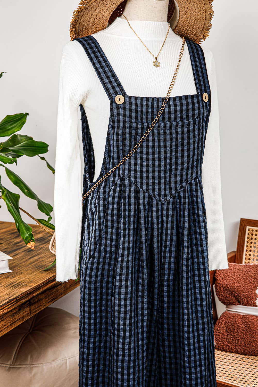 Plaid Print Buttoned Pocketed High Waist Overall - Rooted & Reckless Co.
