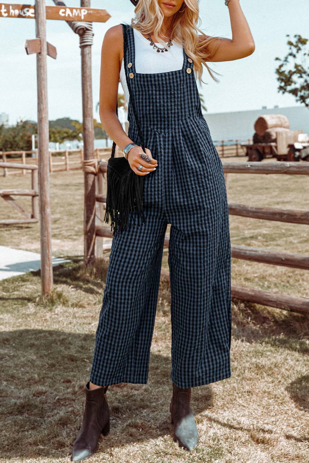 Plaid Print Buttoned Pocketed High Waist Overall - Rooted & Reckless Co.
