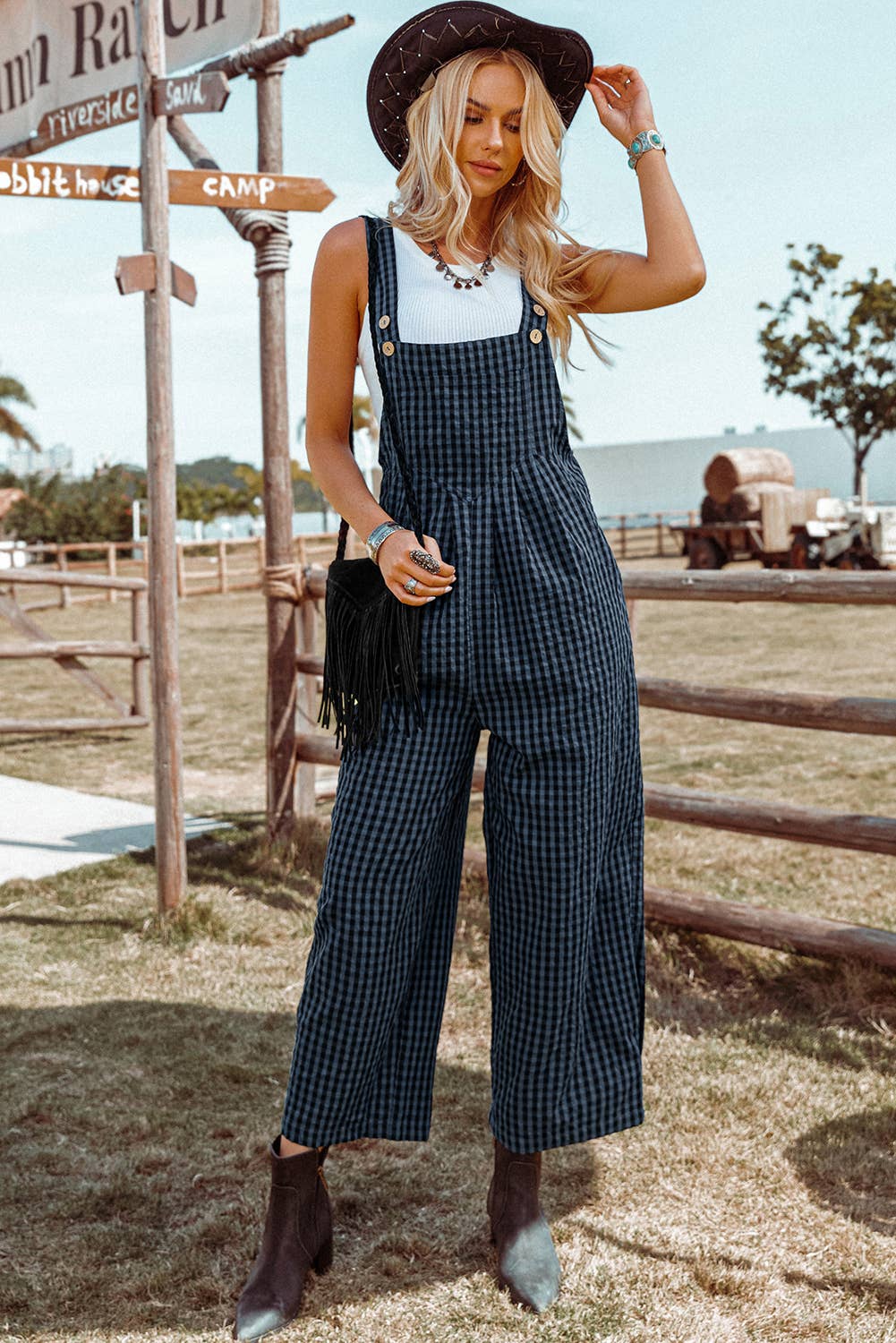 Plaid Print Buttoned Pocketed High Waist Overall - Rooted & Reckless Co.