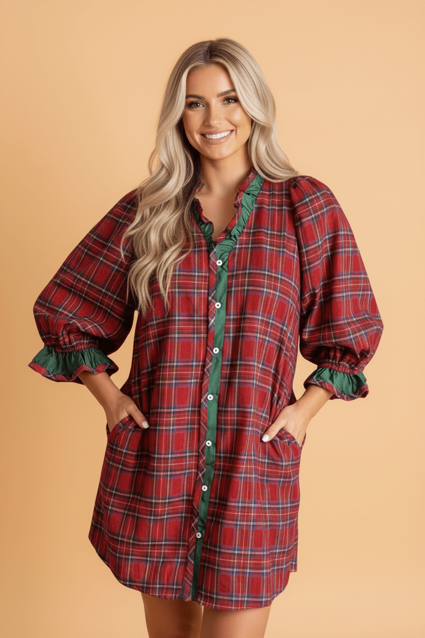 Plaid Ruffle Colorblock Buttoned Mini Dress - Rooted & Reckless Co.