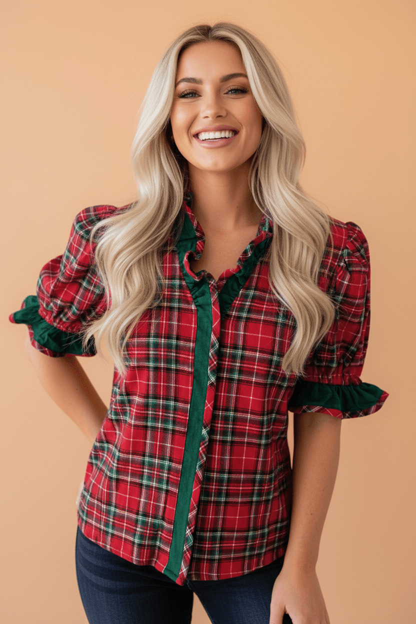 Plaid Ruffle Colorblock V-Neck Puff Sleeve Shirt - Rooted & Reckless Co.