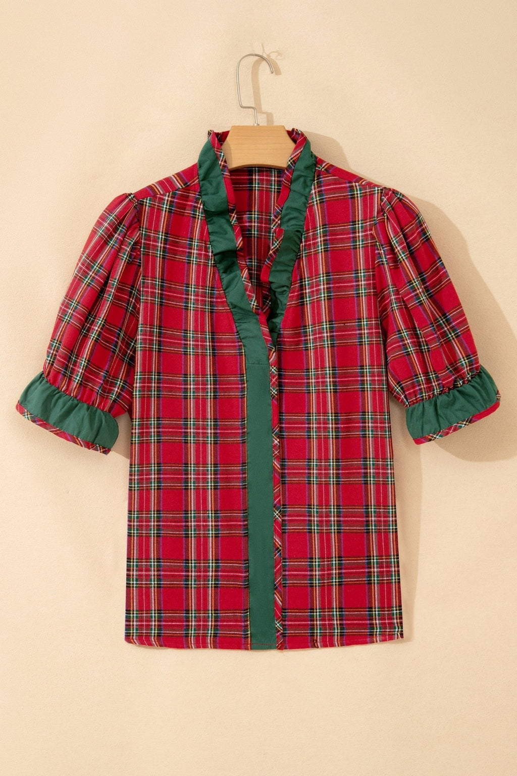 Plaid Ruffle Colorblock V-Neck Puff Sleeve Shirt - Rooted & Reckless Co.