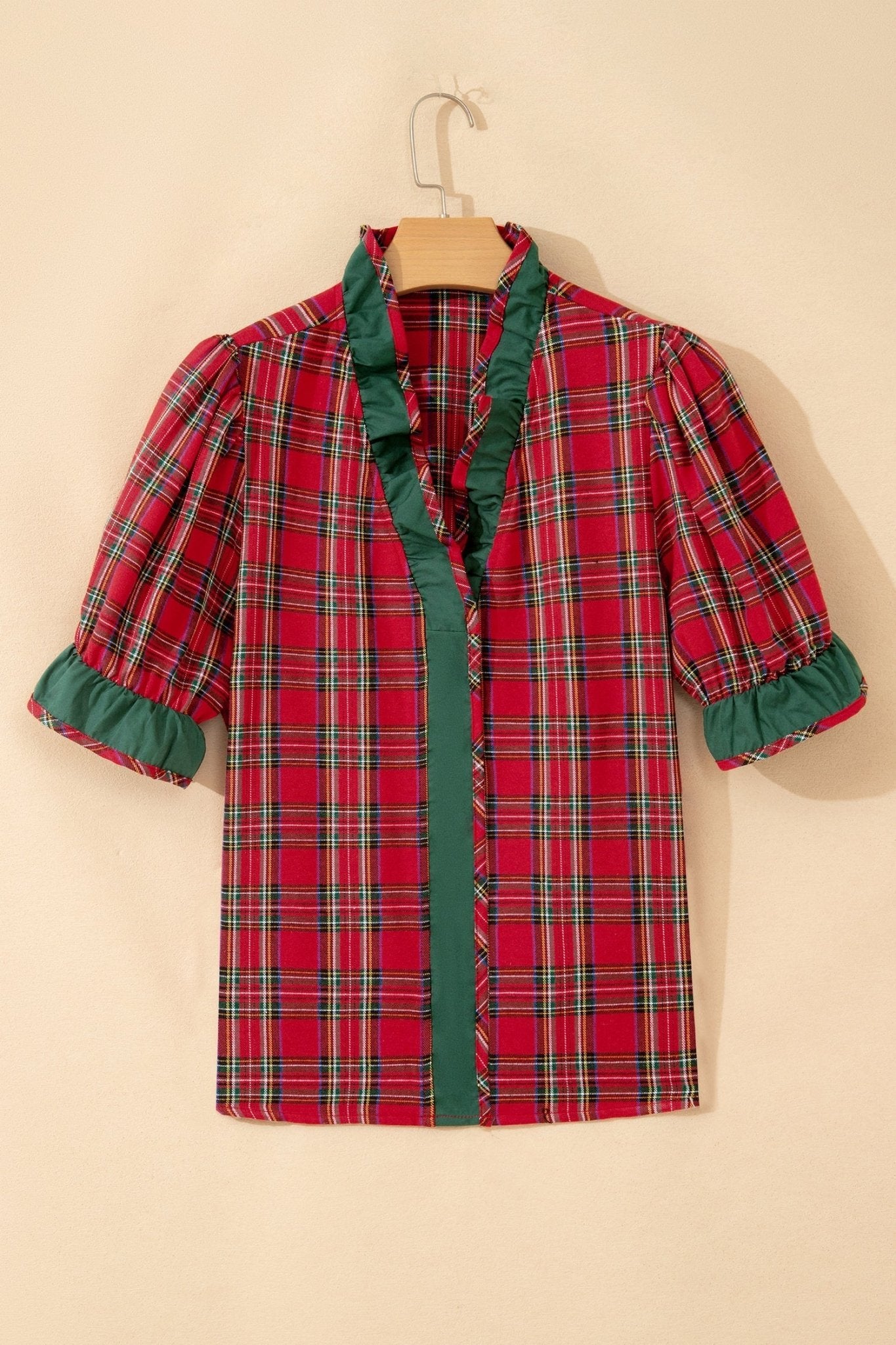 Plaid Ruffle Colorblock V-Neck Puff Sleeve Shirt - Rooted & Reckless Co.