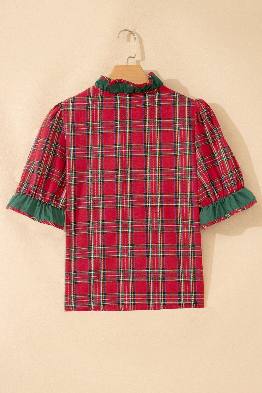 Plaid Ruffle Colorblock V-Neck Puff Sleeve Shirt - Rooted & Reckless Co.