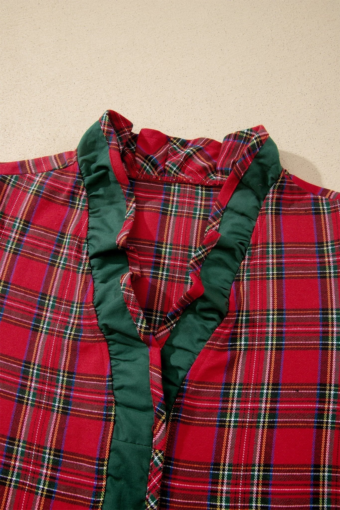 Plaid Ruffle Colorblock V-Neck Puff Sleeve Shirt - Rooted & Reckless Co.