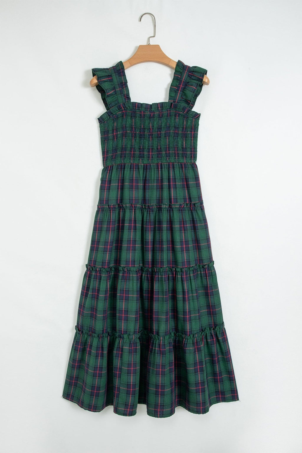 Plaid Ruffle Sleeveless Shirred Tiered Midi Dress - Rooted & Reckless Co.
