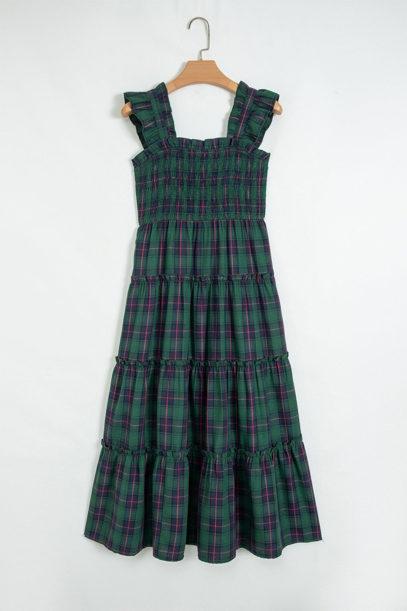 Plaid Ruffle Sleeveless Shirred Tiered Midi Dress - Rooted & Reckless Co.