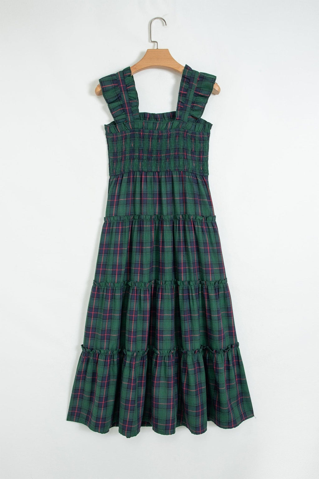 Plaid Ruffle Sleeveless Shirred Tiered Midi Dress - Rooted & Reckless Co.