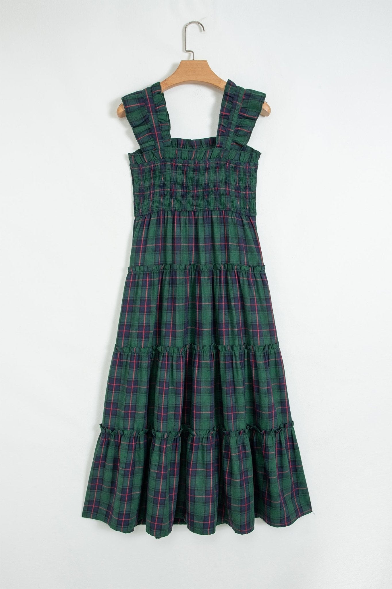 Plaid Ruffle Sleeveless Shirred Tiered Midi Dress - Rooted & Reckless Co.