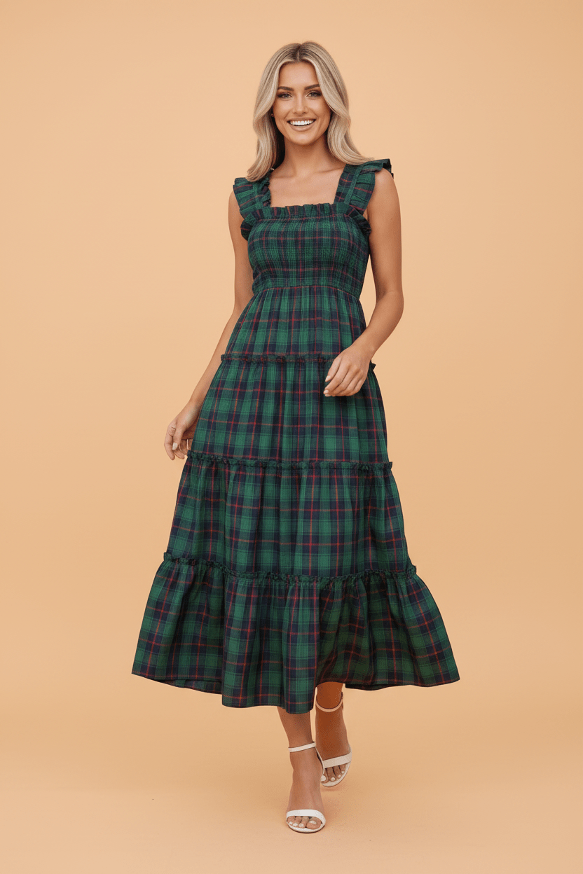 Plaid Ruffle Sleeveless Shirred Tiered Midi Dress - Rooted & Reckless Co.