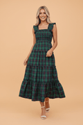 Plaid Ruffle Sleeveless Shirred Tiered Midi Dress - Rooted & Reckless Co.
