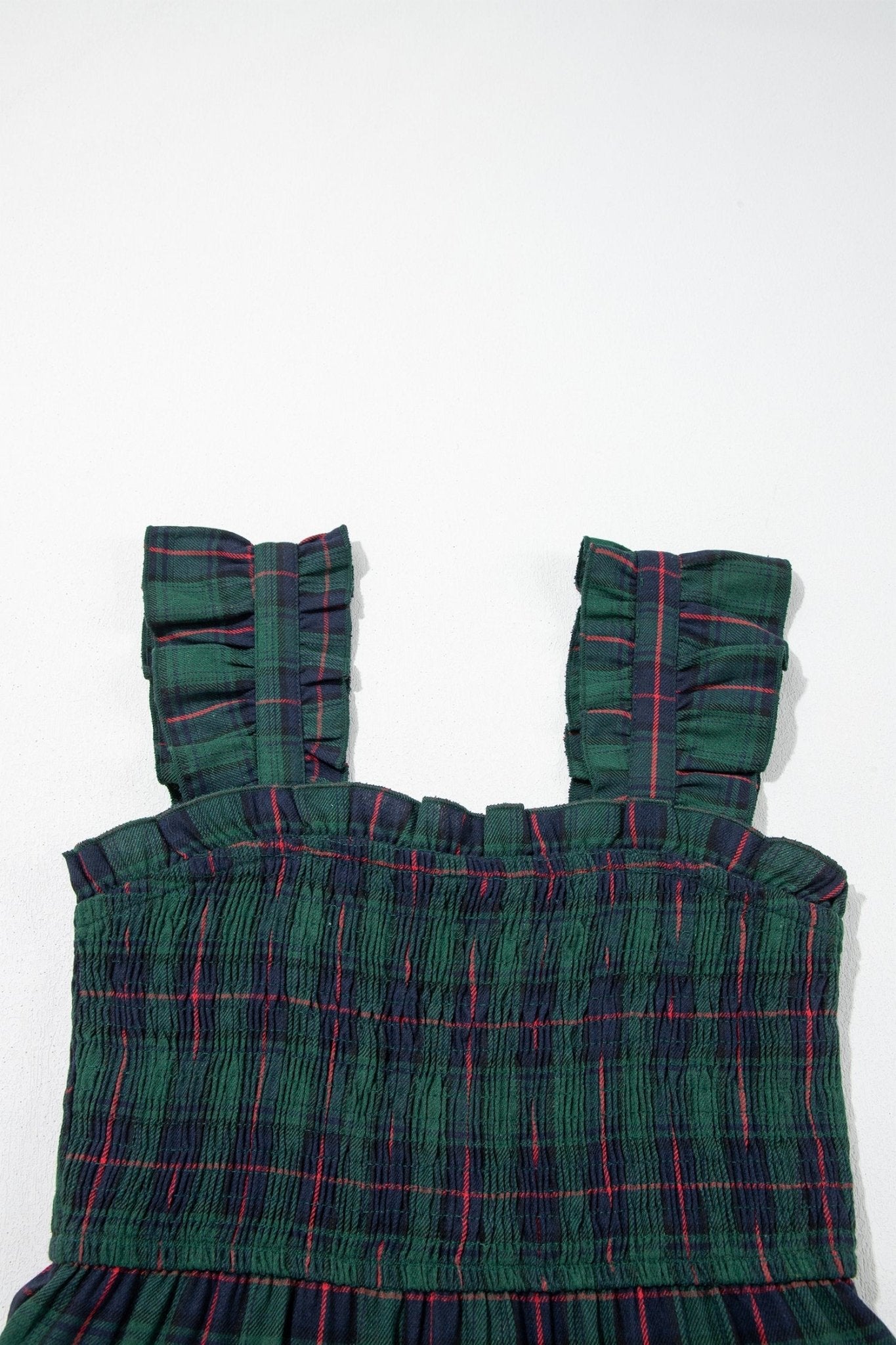 Plaid Ruffle Sleeveless Shirred Tiered Midi Dress - Rooted & Reckless Co.
