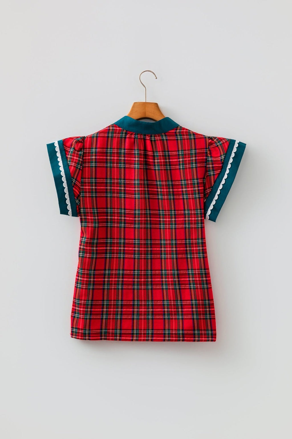 Plaid Scallop Ricrac Trim Short Sleeve V-Neck Blouse - Rooted & Reckless Co.
