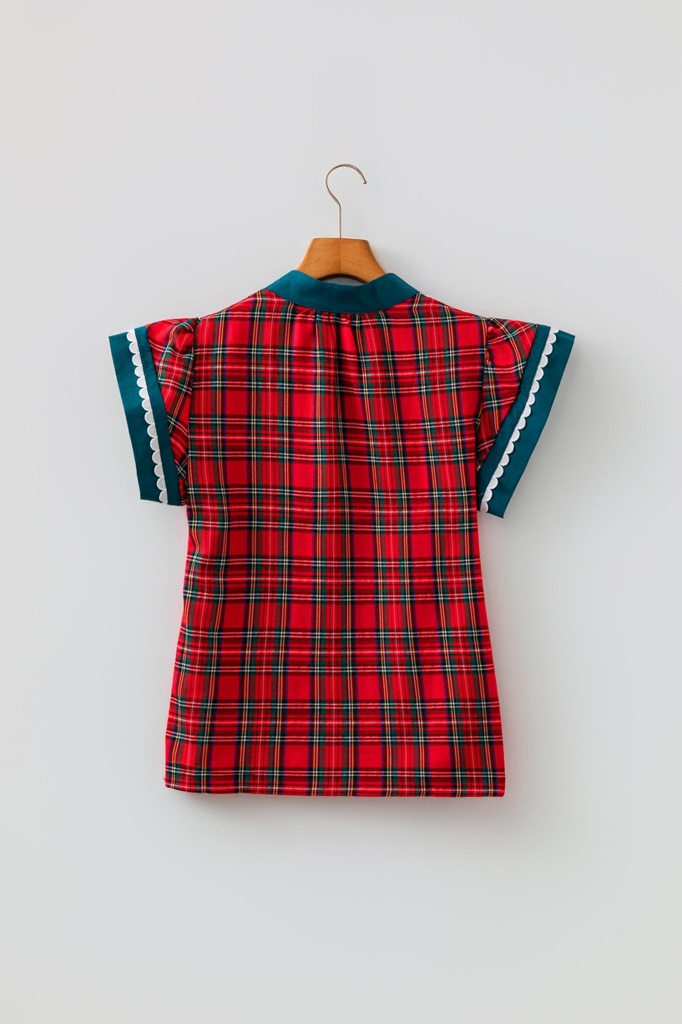 Plaid Scallop Ricrac Trim Short Sleeve V-Neck Blouse - Rooted & Reckless Co.