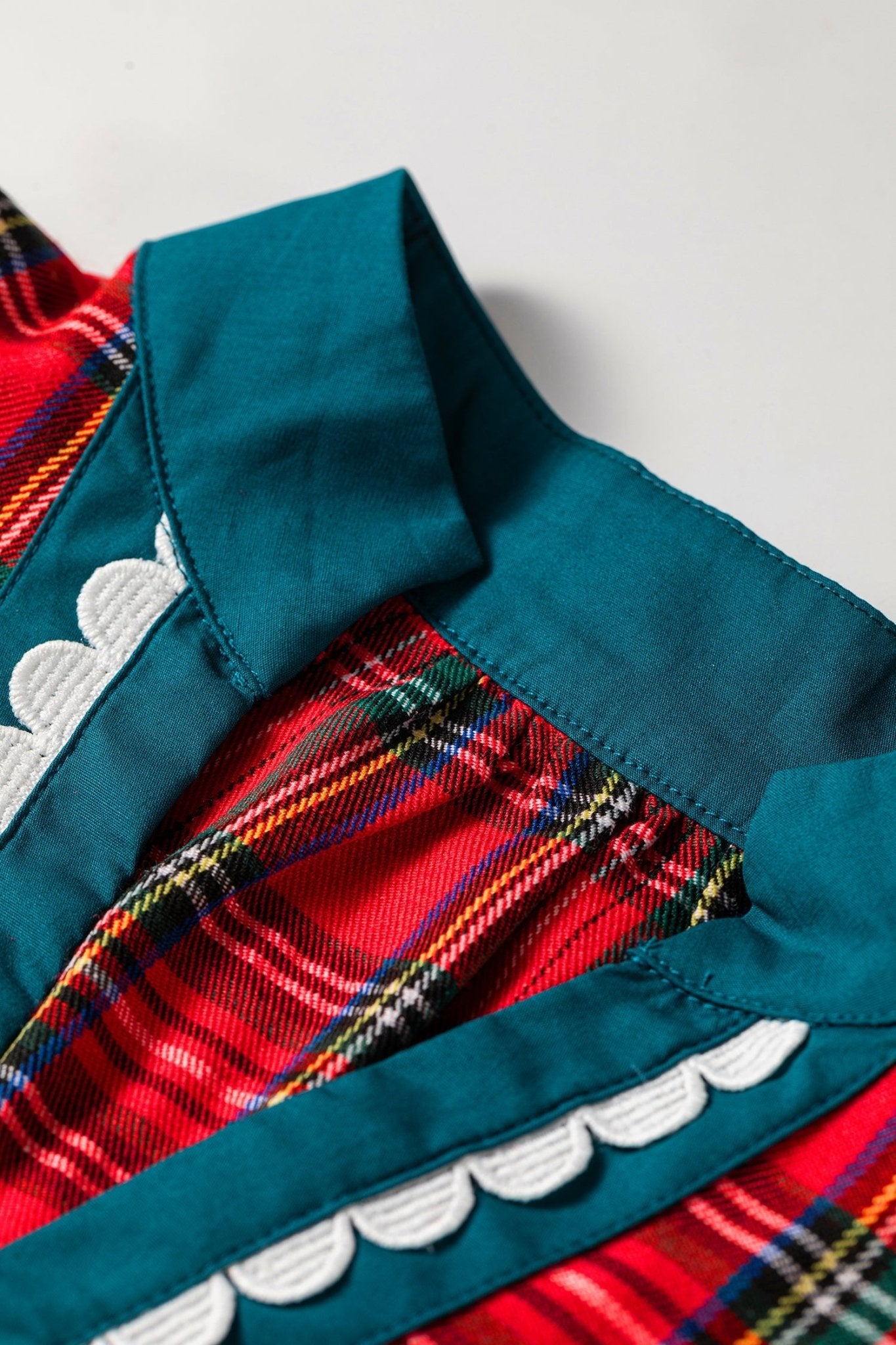 Plaid Scallop Ricrac Trim Short Sleeve V-Neck Blouse - Rooted & Reckless Co.