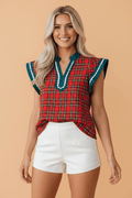 Plaid Scallop Ricrac Trim Short Sleeve V-Neck Blouse - Rooted & Reckless Co.