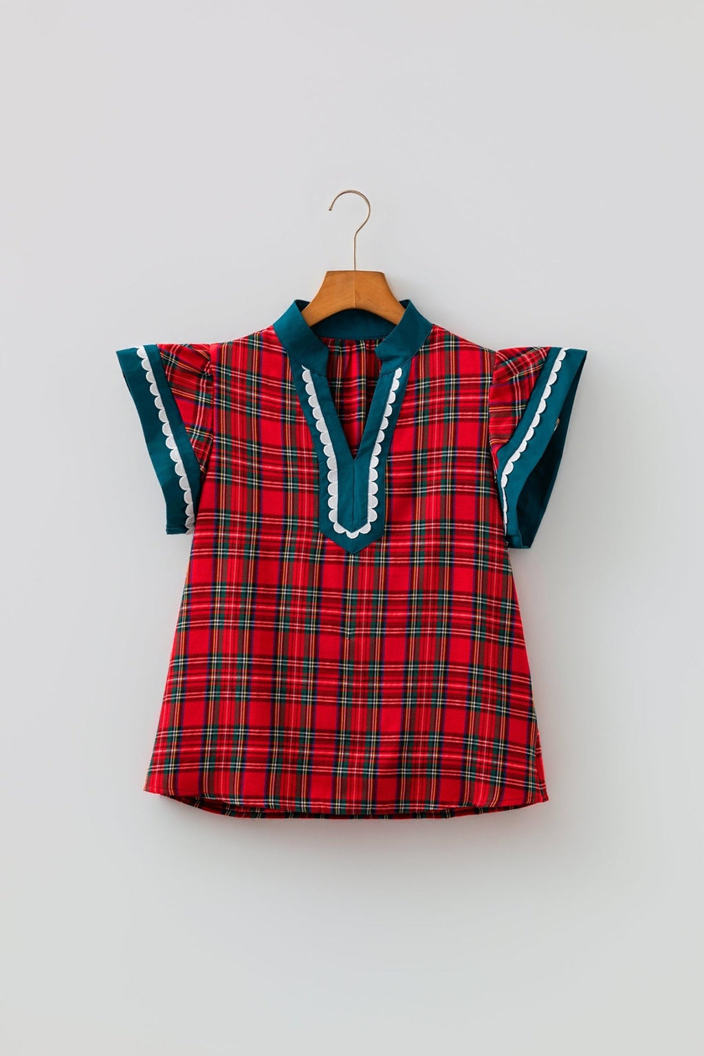 Plaid Scallop Ricrac Trim Short Sleeve V-Neck Blouse - Rooted & Reckless Co.