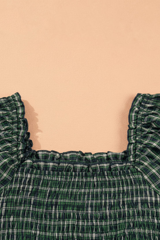 Plaid Shirred High Waist Square Neck Ruffle Hem Dress - Rooted & Reckless Co.