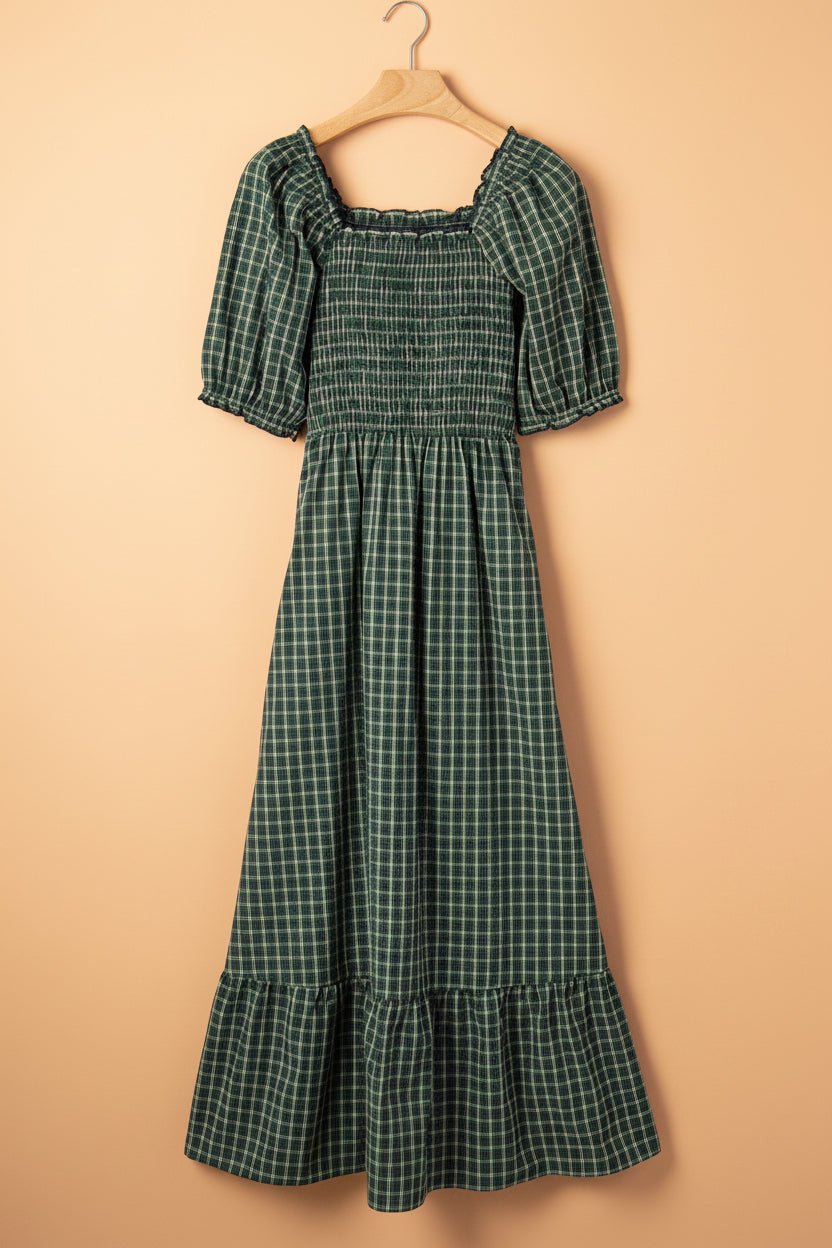 Plaid Shirred High Waist Square Neck Ruffle Hem Dress - Rooted & Reckless Co.