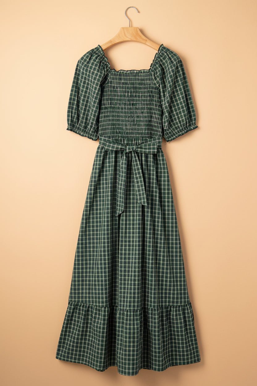 Plaid Shirred High Waist Square Neck Ruffle Hem Dress - Rooted & Reckless Co.