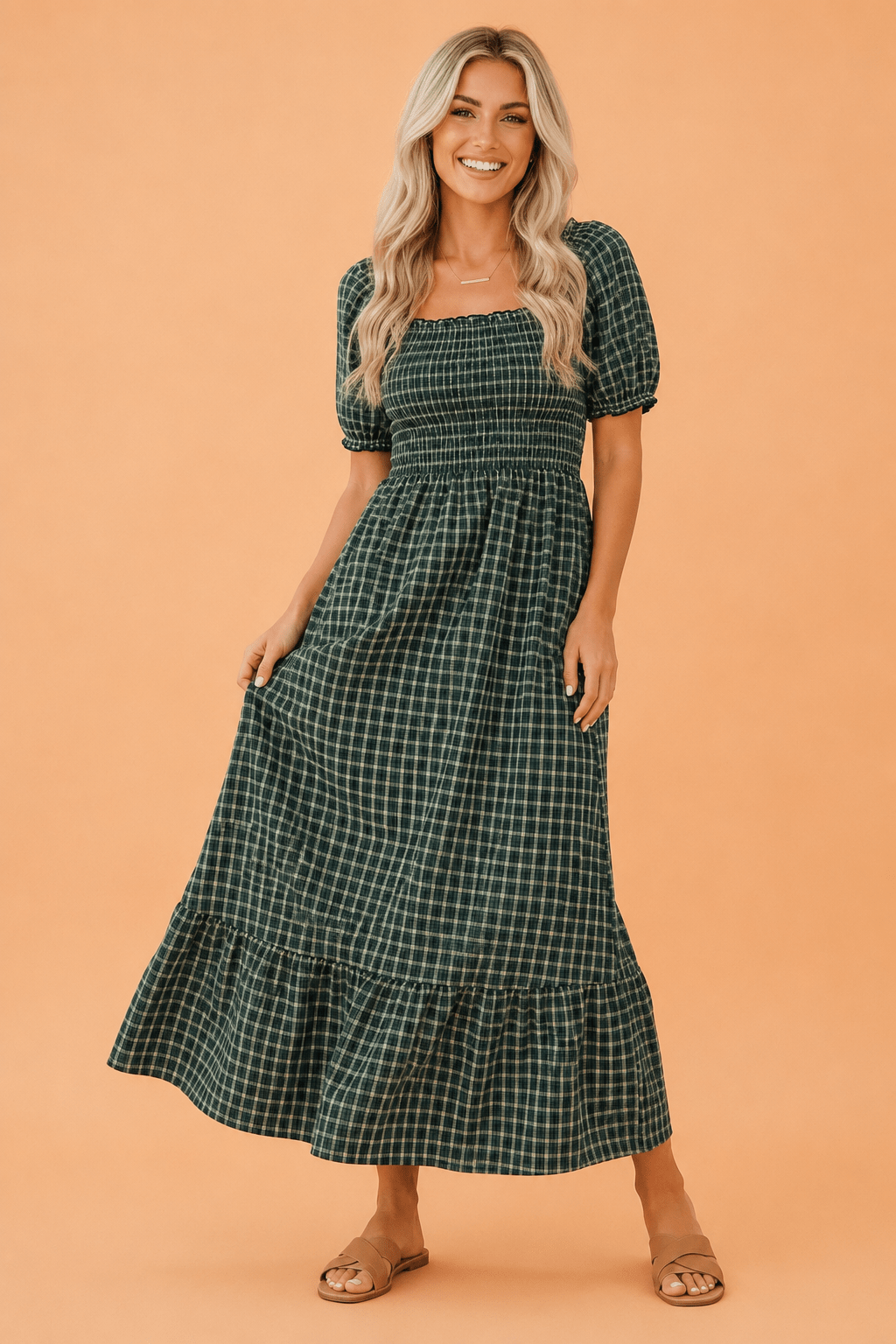 Plaid Shirred High Waist Square Neck Ruffle Hem Dress - Rooted & Reckless Co.