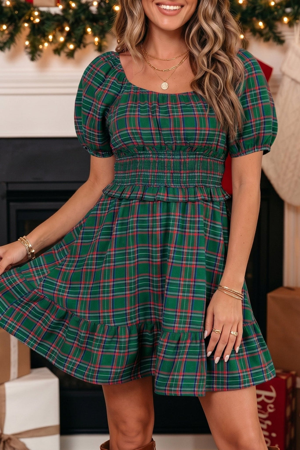 Plaid Shirred Scoop Neck Short Sleeve Mini Dress - Rooted & Reckless Co.