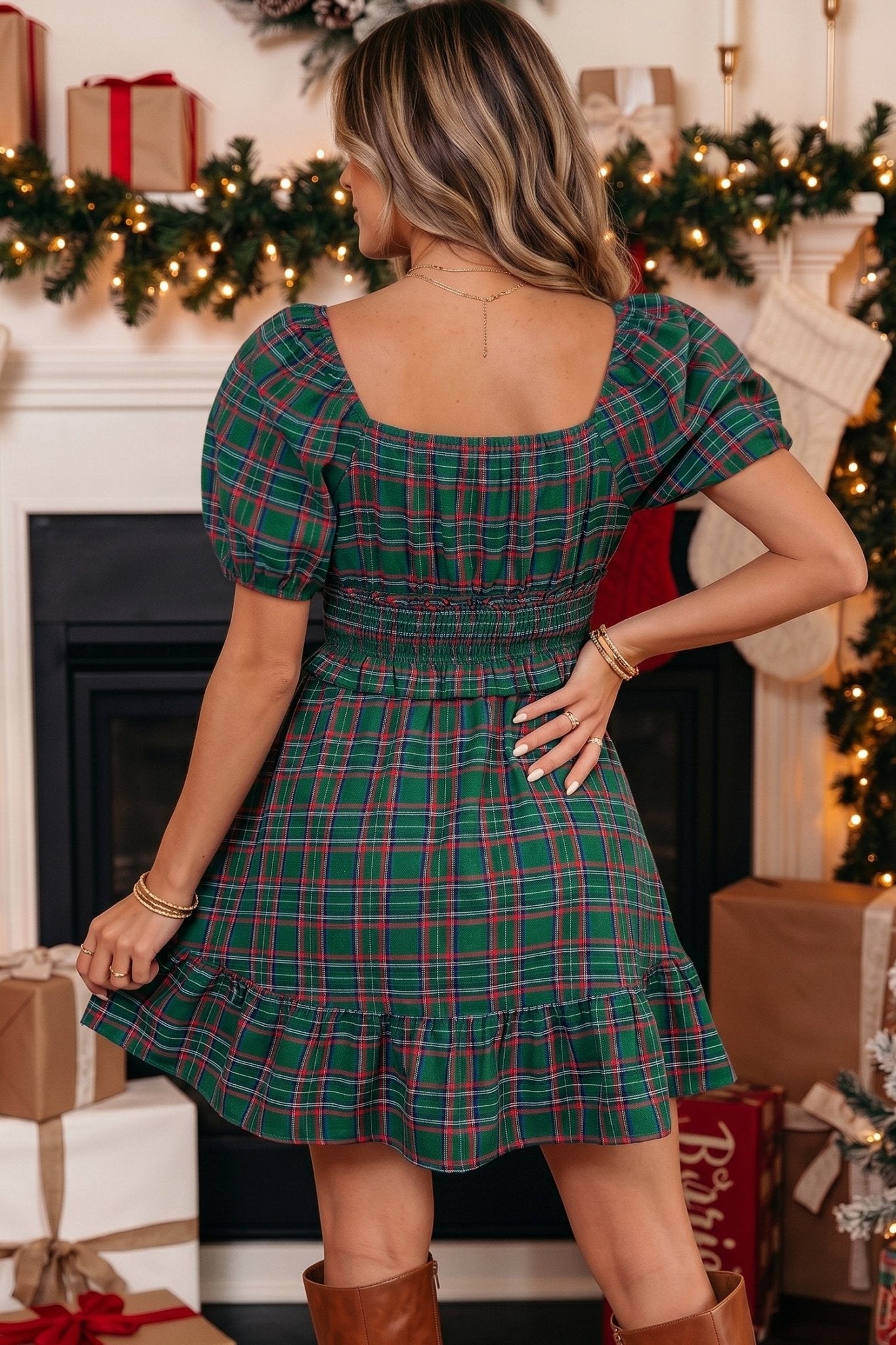 Plaid Shirred Scoop Neck Short Sleeve Mini Dress - Rooted & Reckless Co.