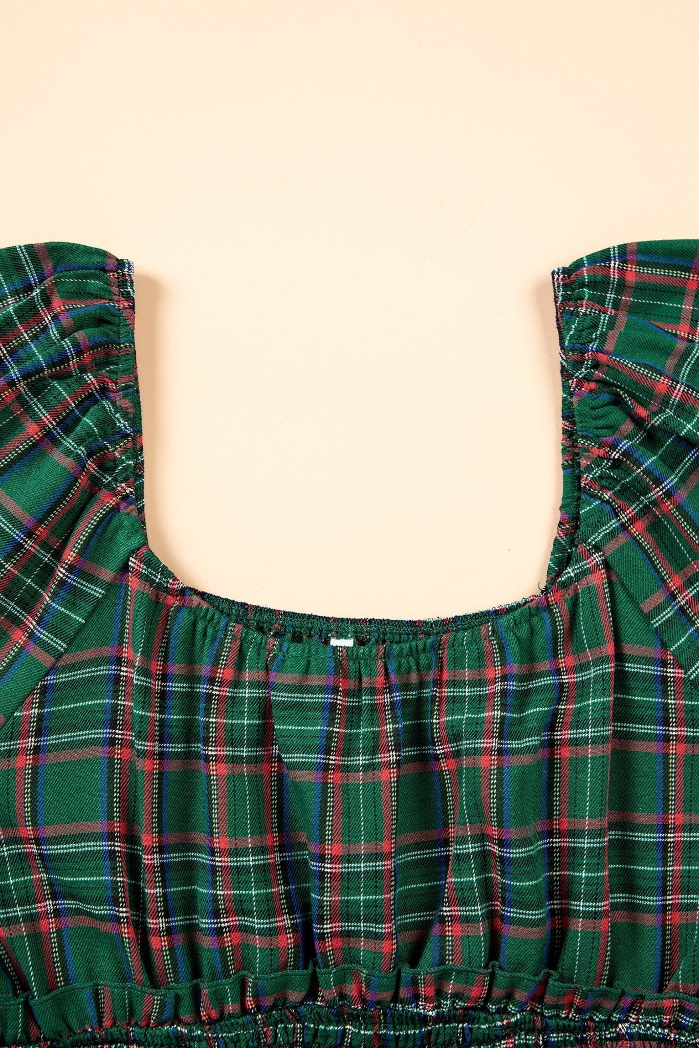 Plaid Shirred Scoop Neck Short Sleeve Mini Dress - Rooted & Reckless Co.