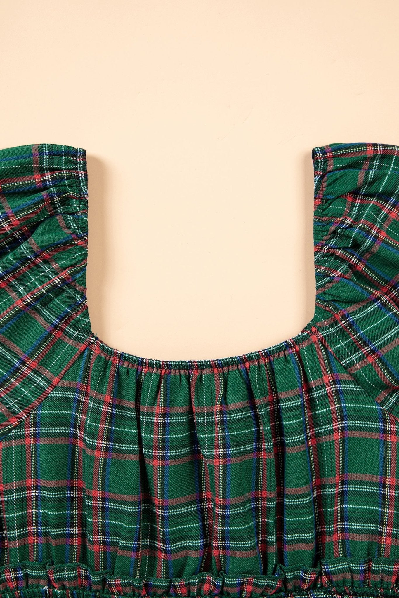 Plaid Shirred Scoop Neck Short Sleeve Mini Dress - Rooted & Reckless Co.
