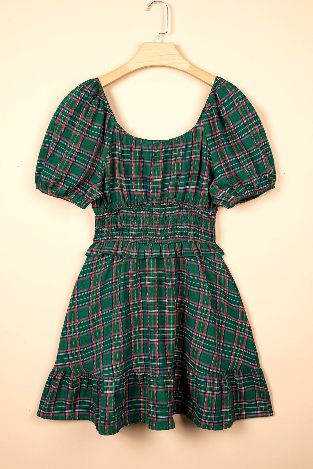 Plaid Shirred Scoop Neck Short Sleeve Mini Dress - Rooted & Reckless Co.