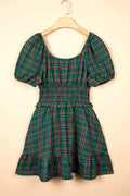 Plaid Shirred Scoop Neck Short Sleeve Mini Dress - Rooted & Reckless Co.