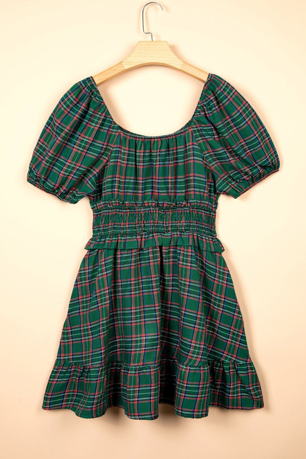 Plaid Shirred Scoop Neck Short Sleeve Mini Dress - Rooted & Reckless Co.