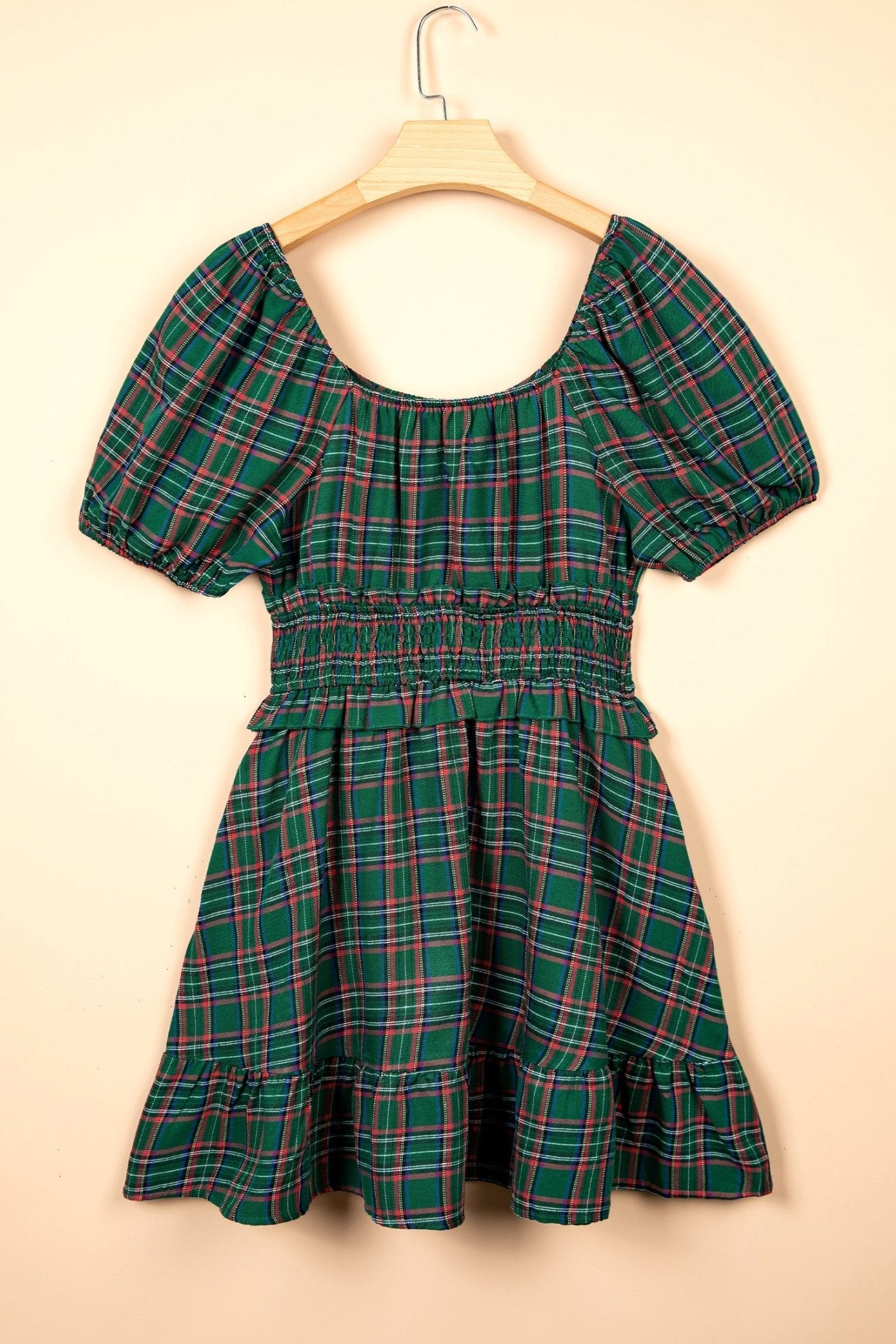 Plaid Shirred Scoop Neck Short Sleeve Mini Dress - Rooted & Reckless Co.