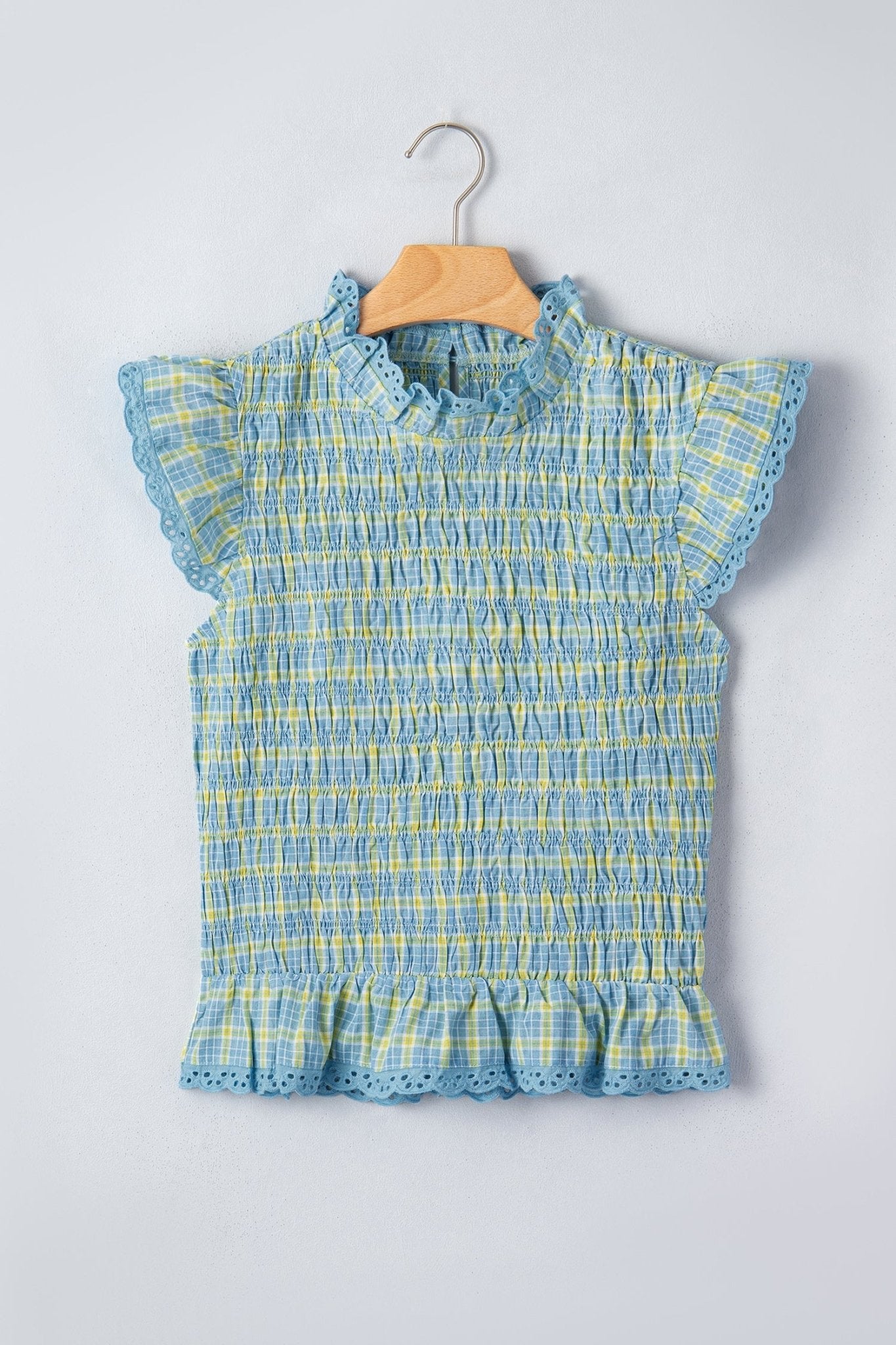Plaid Smocked Lace Trim Tank Top - Rooted & Reckless Co.