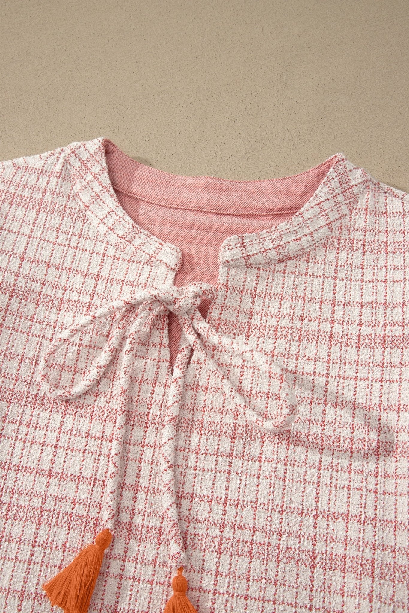 Plaid Textured Contrast Trim Tassel-Tie Mini Dress - Rooted & Reckless Co.