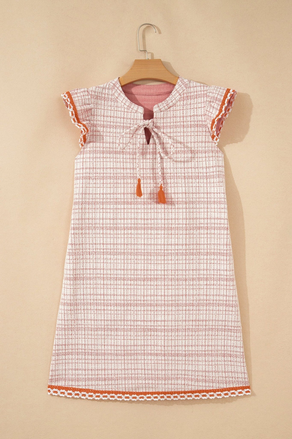 Plaid Textured Contrast Trim Tassel-Tie Mini Dress - Rooted & Reckless Co.
