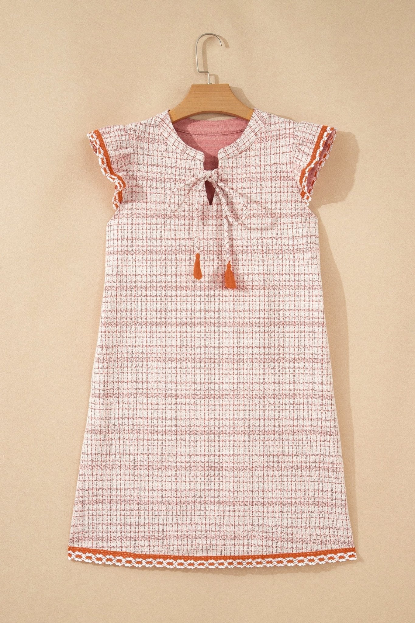 Plaid Textured Contrast Trim Tassel-Tie Mini Dress - Rooted & Reckless Co.