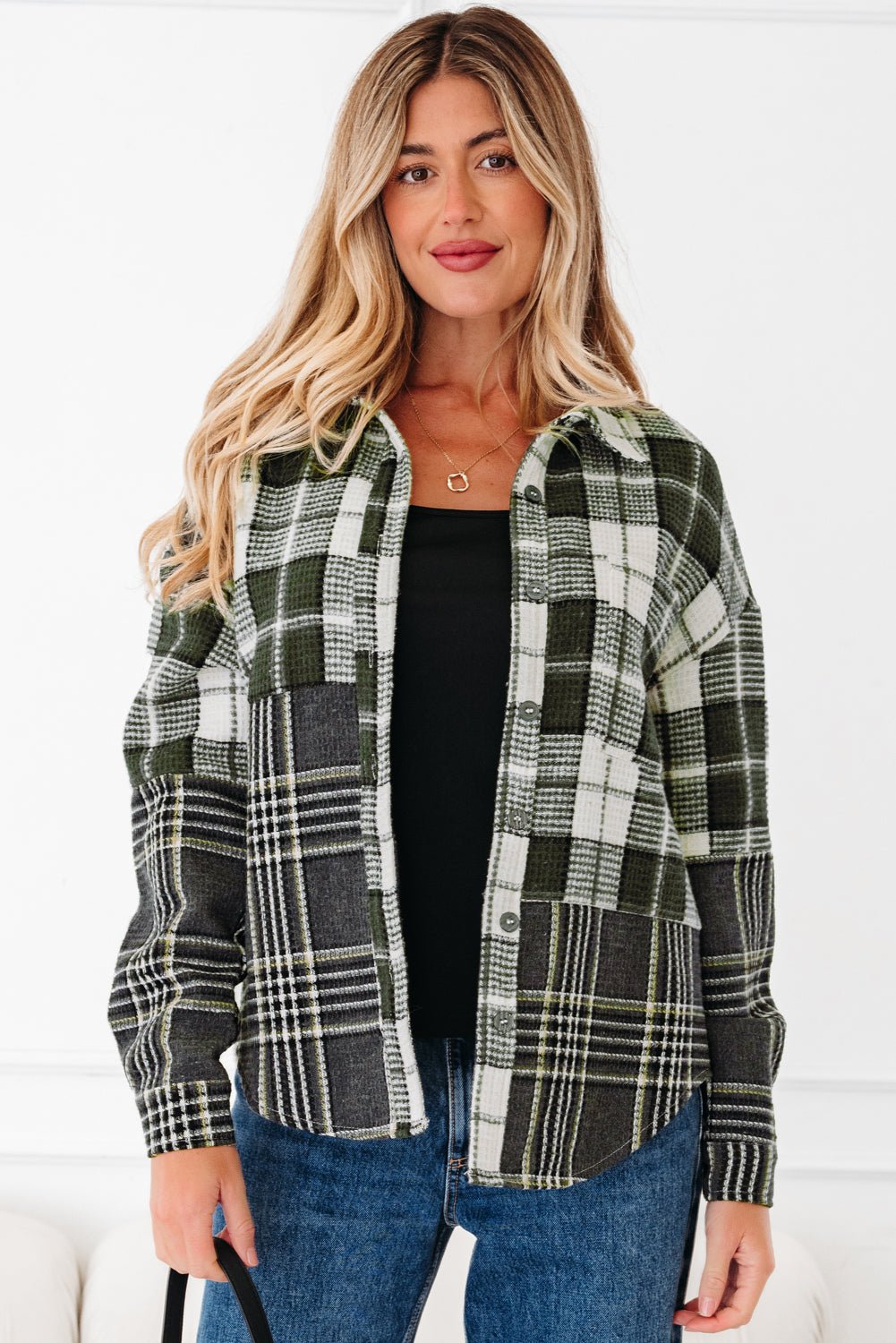 Plaid Textured Knit Button-Up Shacket - Rooted & Reckless Co.