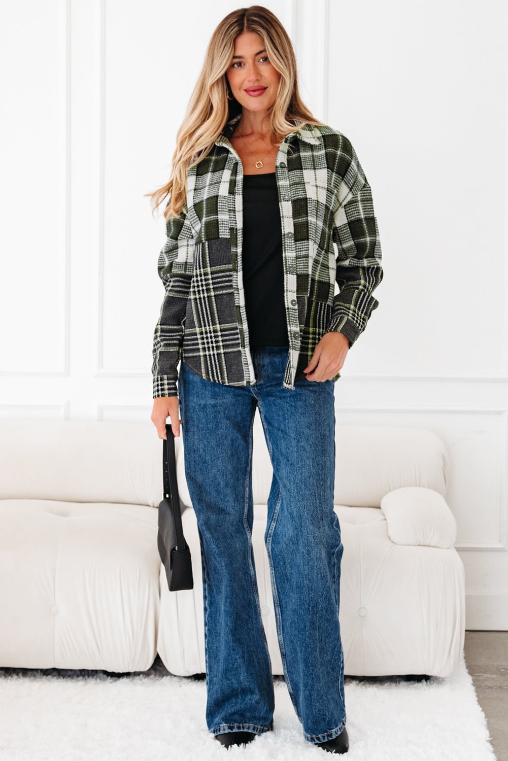 Plaid Textured Knit Button-Up Shacket - Rooted & Reckless Co.