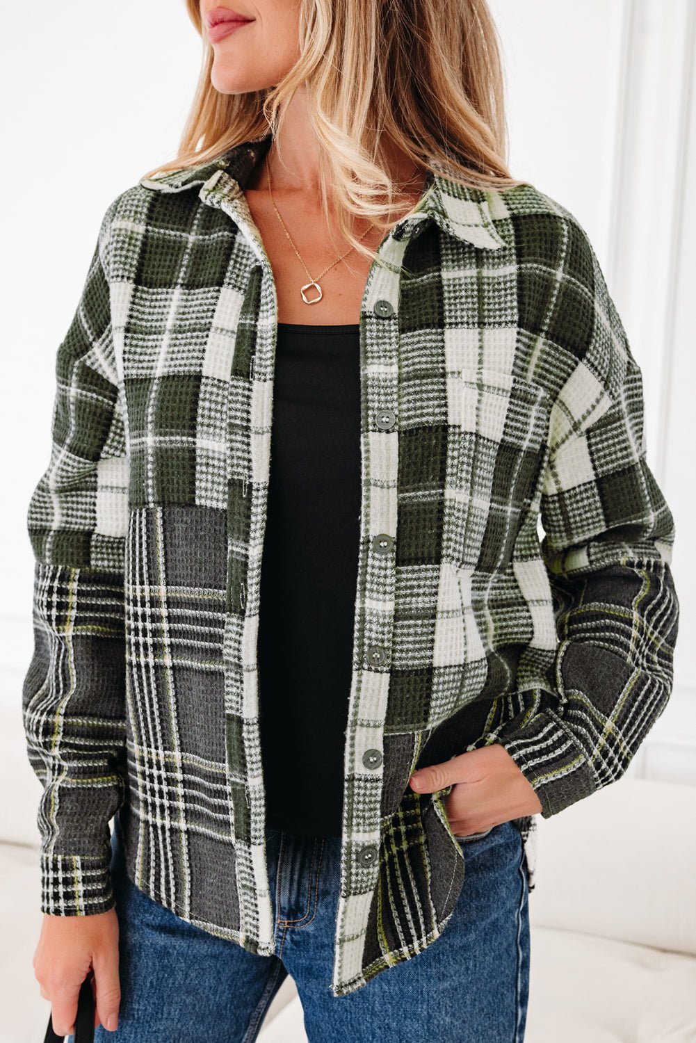 Plaid Textured Knit Button-Up Shacket - Rooted & Reckless Co.