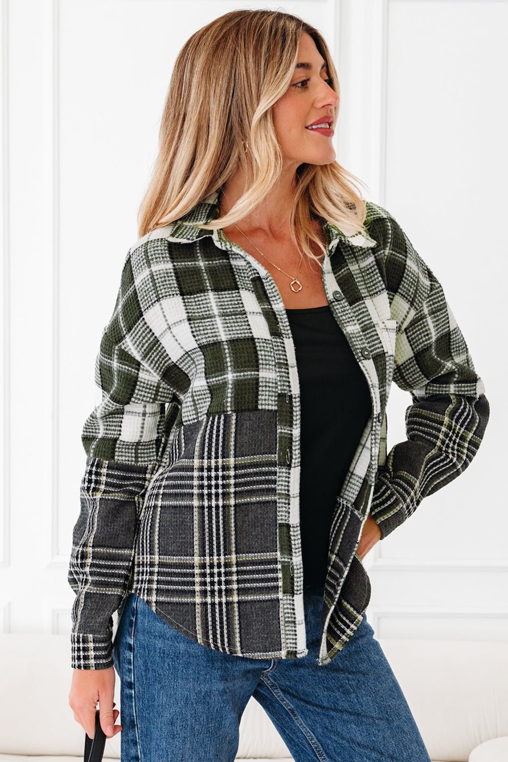 Plaid Textured Knit Button-Up Shacket - Rooted & Reckless Co.