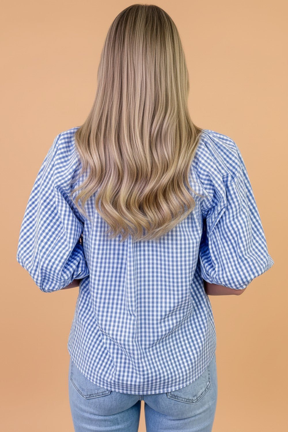 Plaid V-Neck Puff Sleeve Blouse - Rooted & Reckless Co.